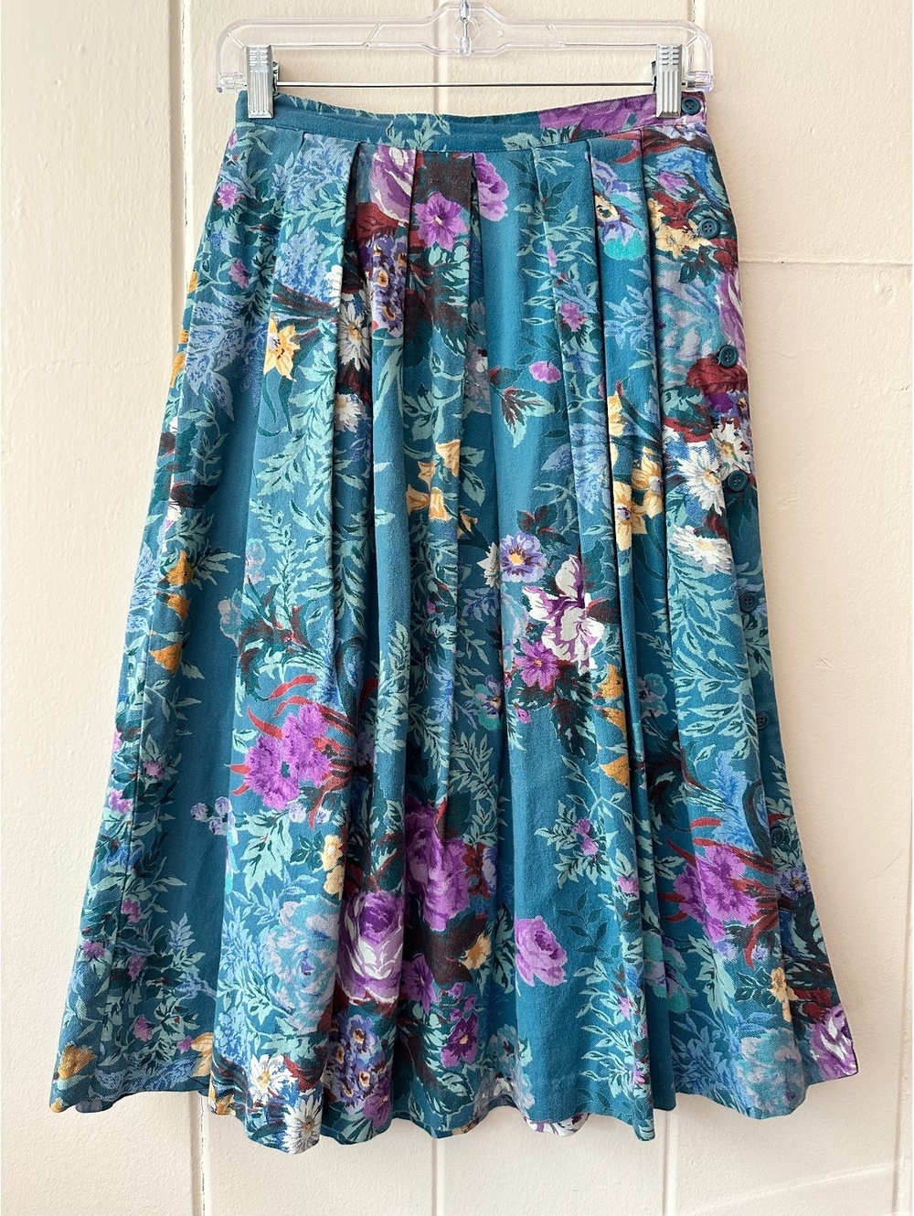 Vintage 80s Adini Indian Cotton Floral Pleated Midi Skirt Teal 26” Size Small